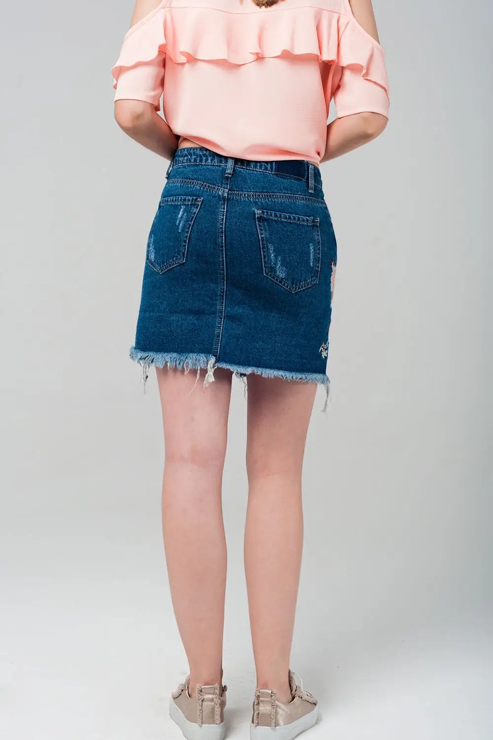 Denim mini skirt with embroidered flowers - Skirts