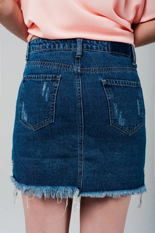 Denim mini skirt with embroidered flowers - Skirts