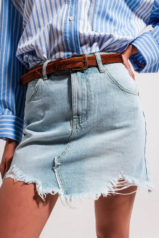 Denim mini skirt with raw hem in light wash blue - Skirts