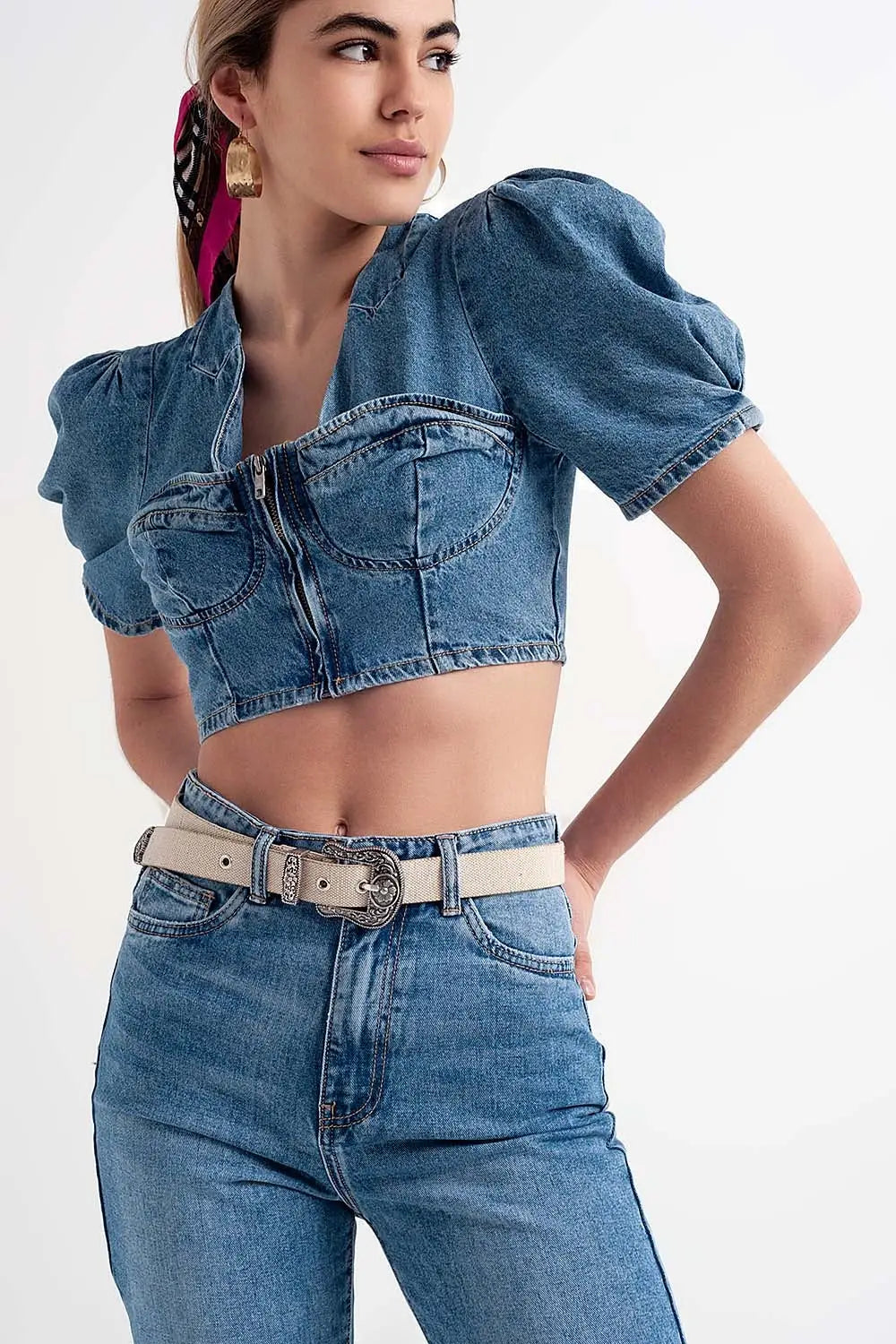 Denim puff sleeve crop top in mid wash blue - Shirts