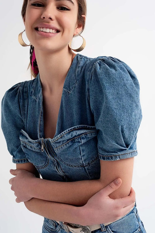Denim puff sleeve crop top in mid wash blue - Shirts