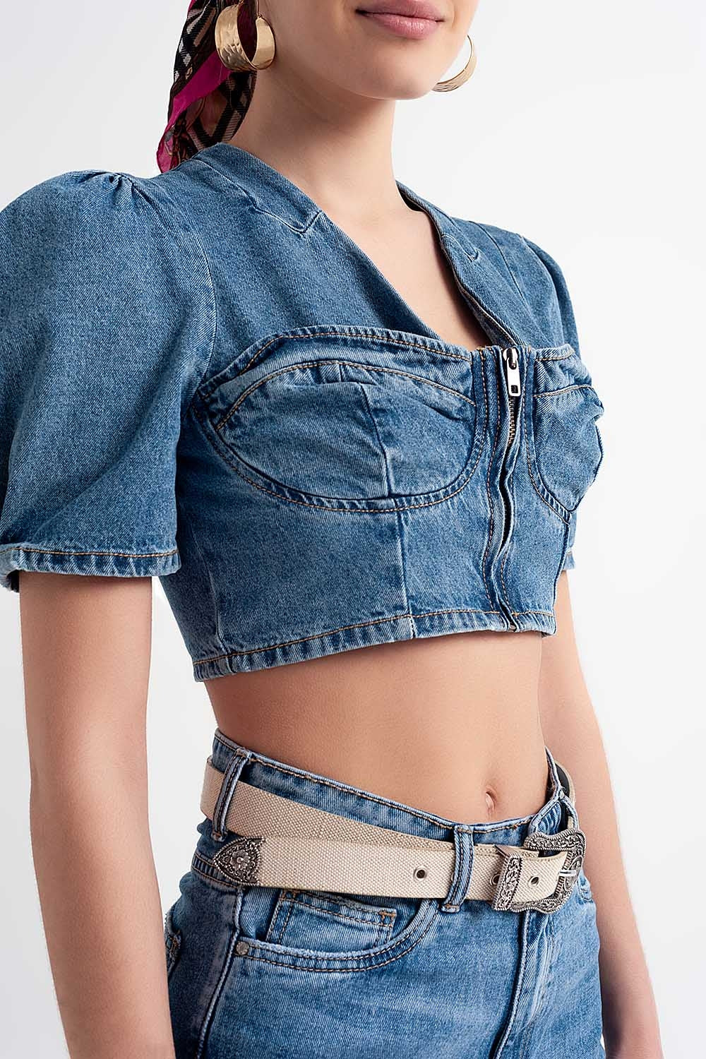 Denim puff sleeve crop top in mid wash blue