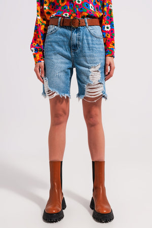 Q2 Denim shorts with distressing in light blue