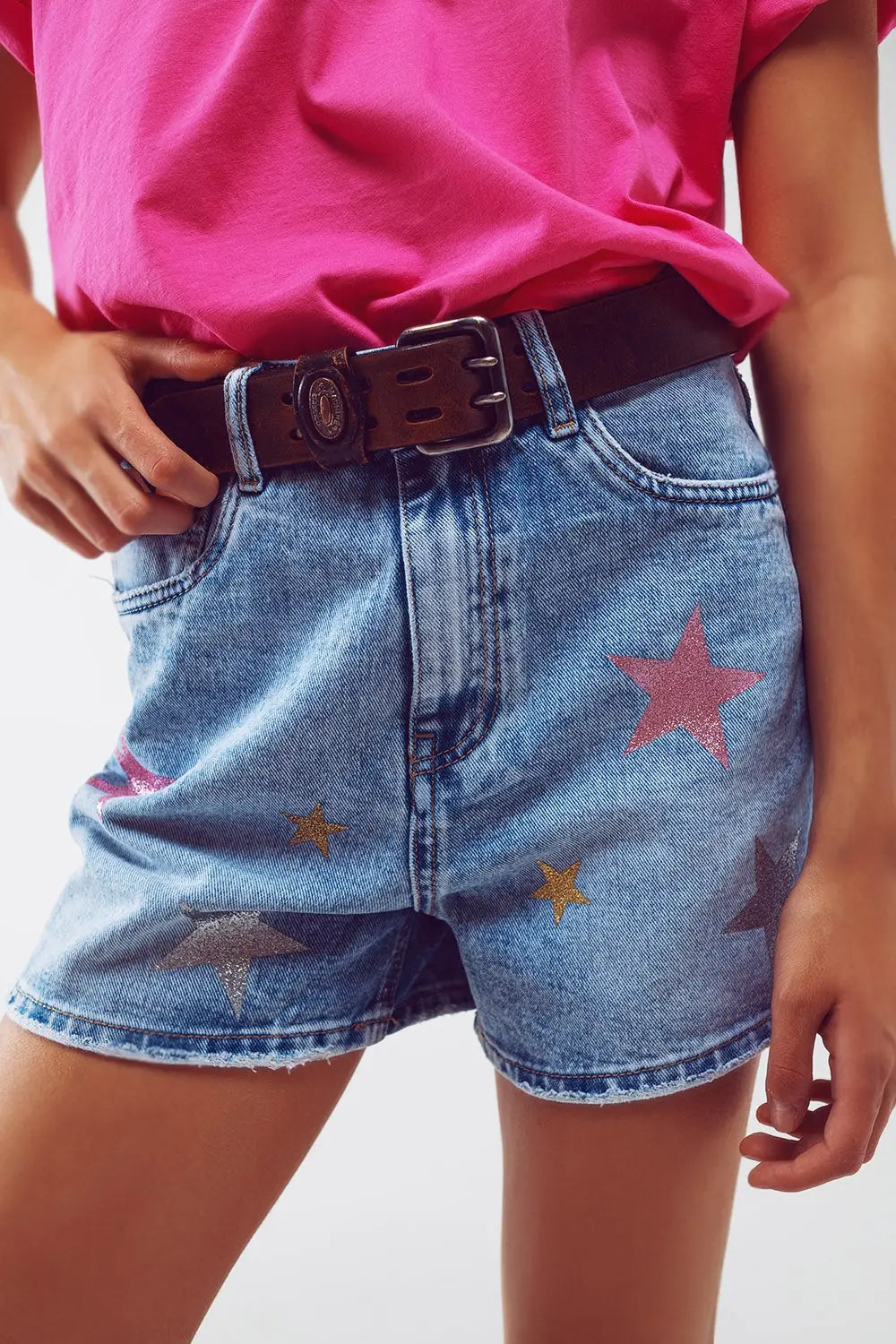 DenIm Shorts With Laminated Stars in Light Wash - Jeans
