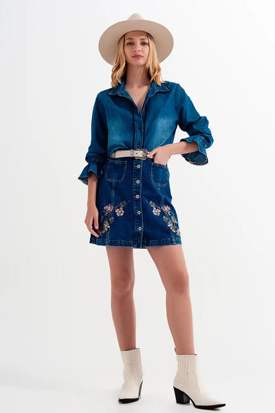 Denim skirt with flower embroidery and front buttons - Skirts