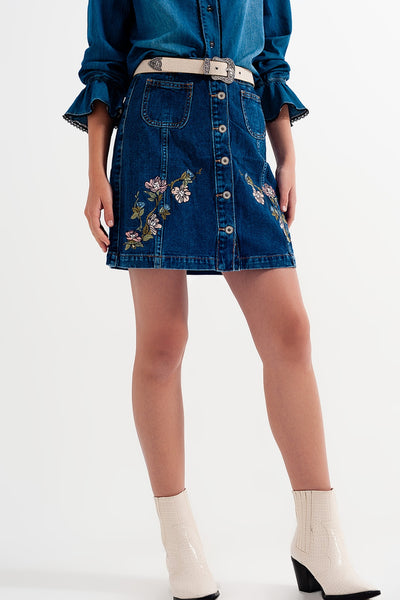 Q2 Denim skirt with flower embroidery and front buttons