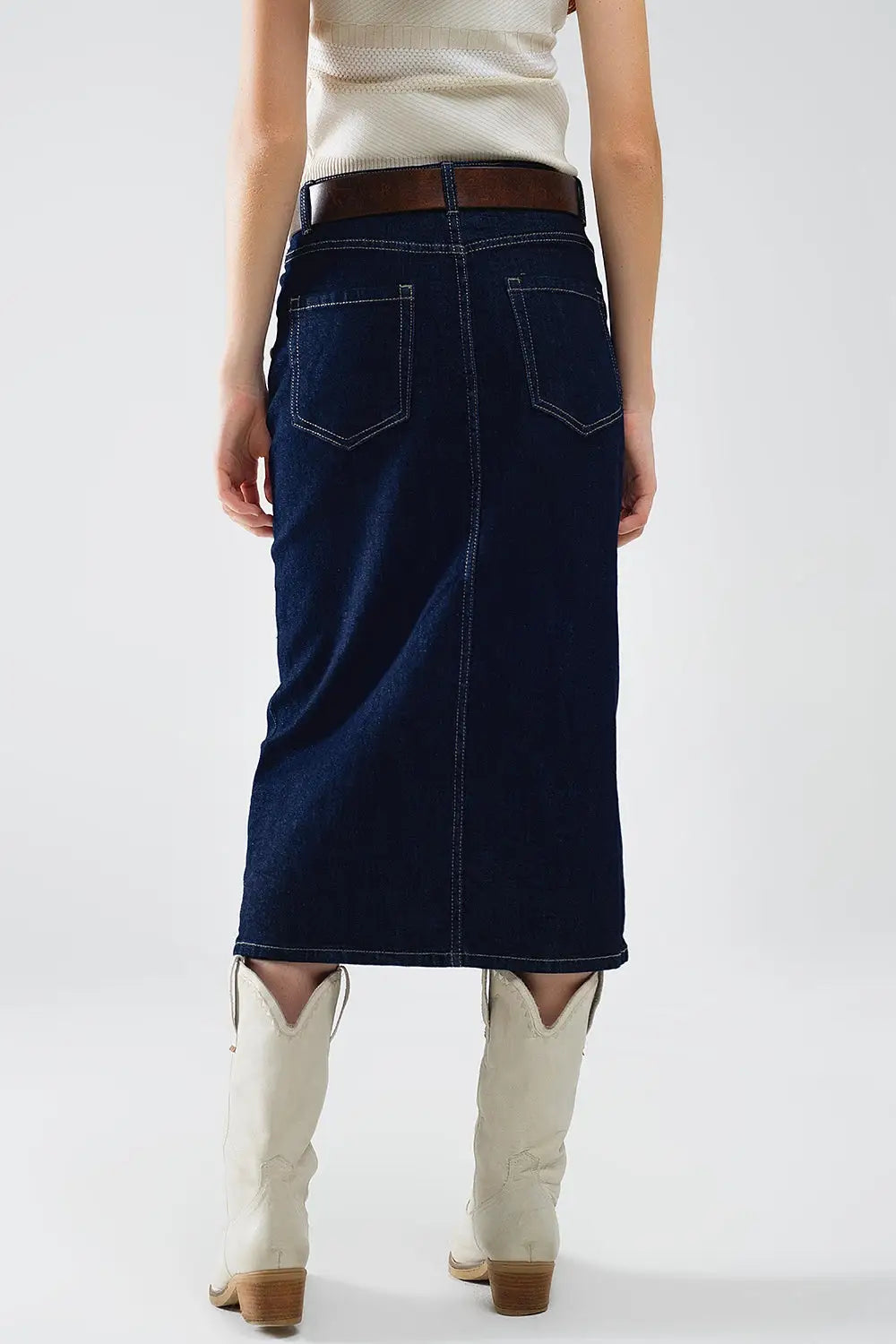 Denim Skirt With Front Slit And Gold Buttons on Sides - Skirts