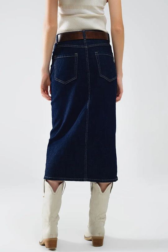 Denim Skirt With Front Slit And Gold Buttons on Sides - Skirts