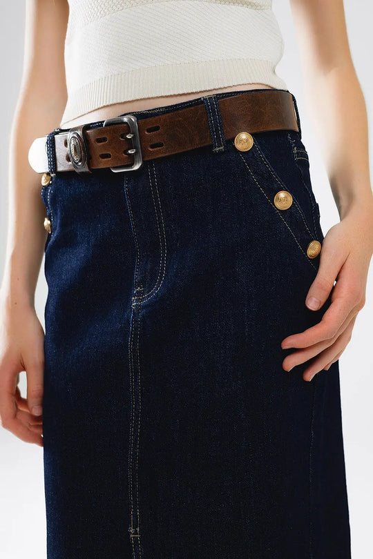 Denim Skirt With Front Slit And Gold Buttons on Sides - Skirts