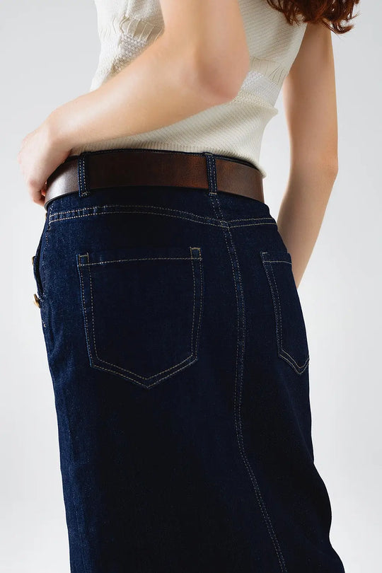 Denim Skirt With Front Slit And Gold Buttons on Sides - Skirts