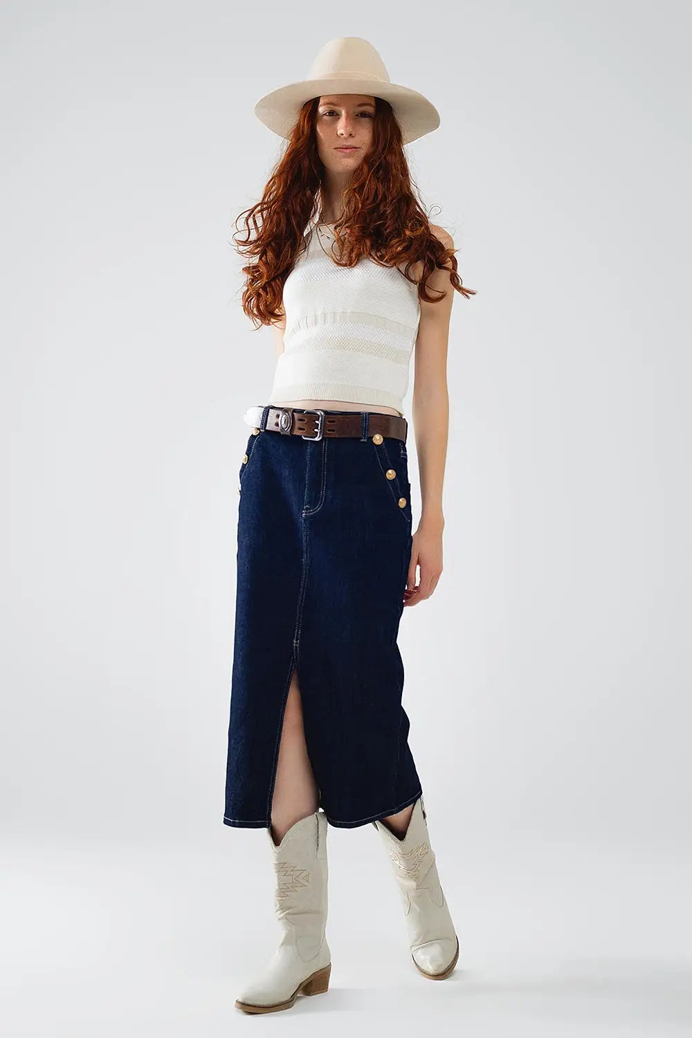 Denim Skirt With Front Slit And Gold Buttons on Sides - Skirts