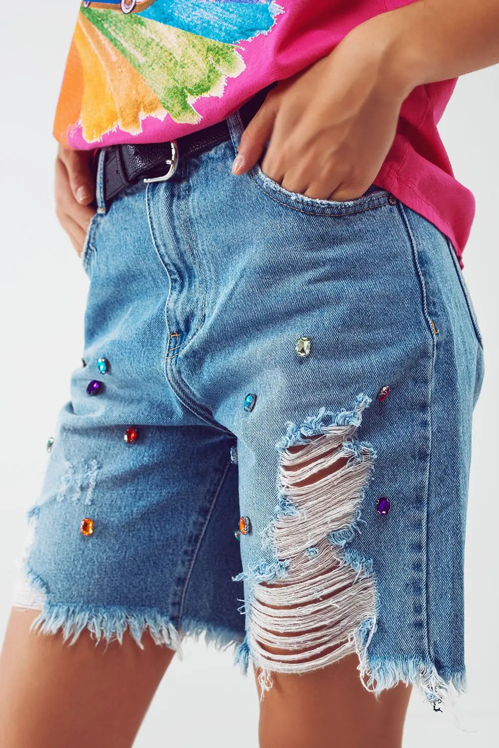 Distressed Embellished Bermuda Shorts in Light Wash - Jeans