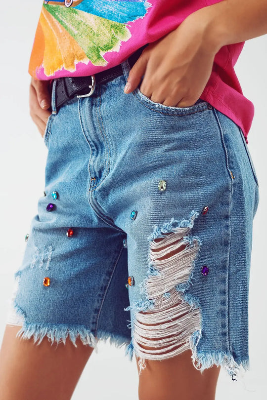 Distressed Embellished Bermuda Shorts in Light Wash - Jeans