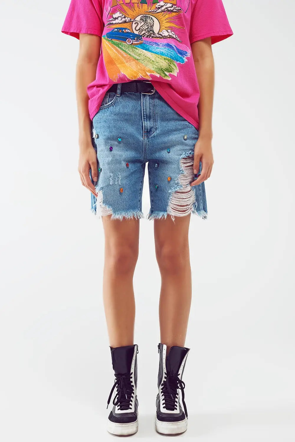 Distressed Embellished Bermuda Shorts in Light Wash - Jeans