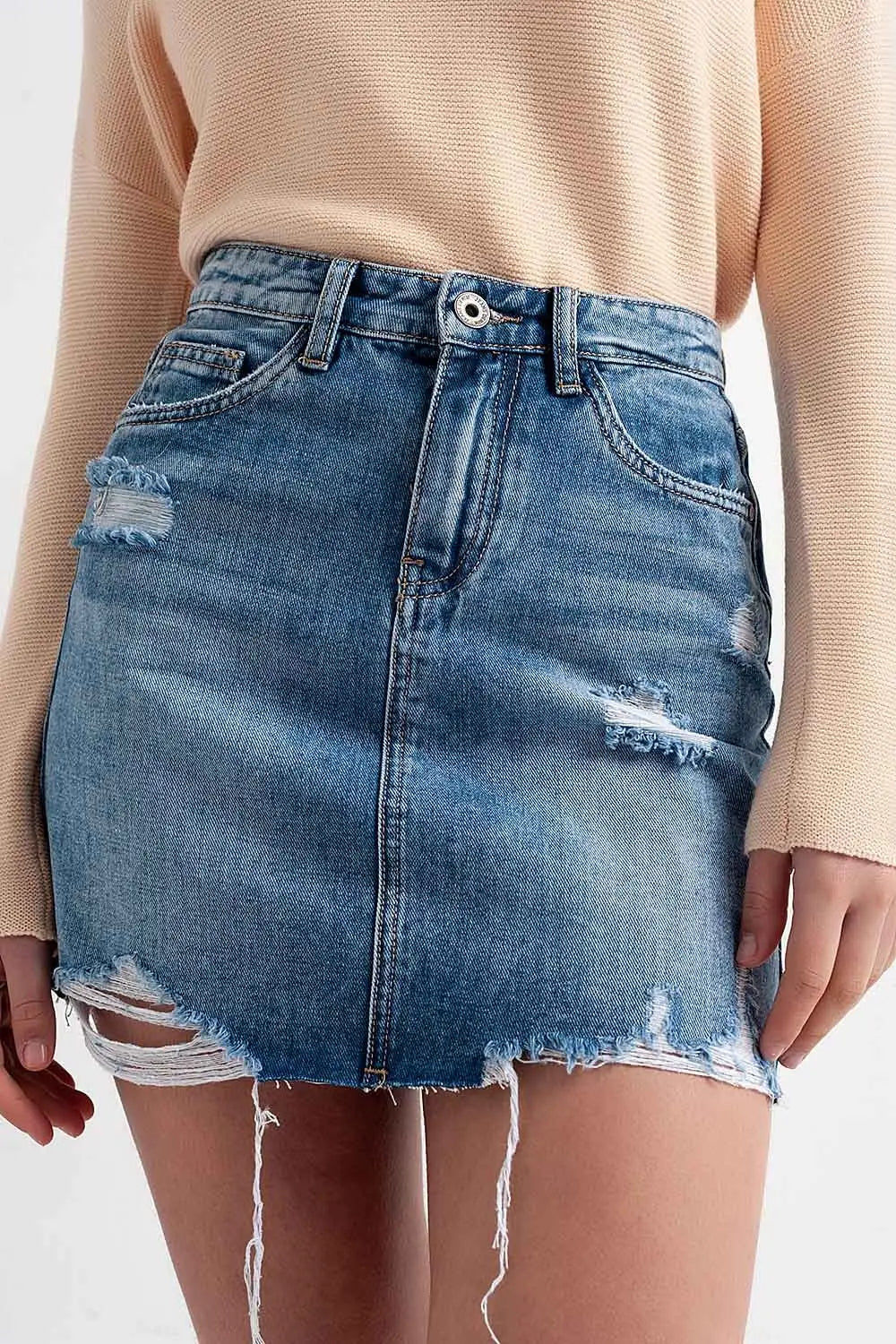 Distressed hem denim mini skirt - Skirts
