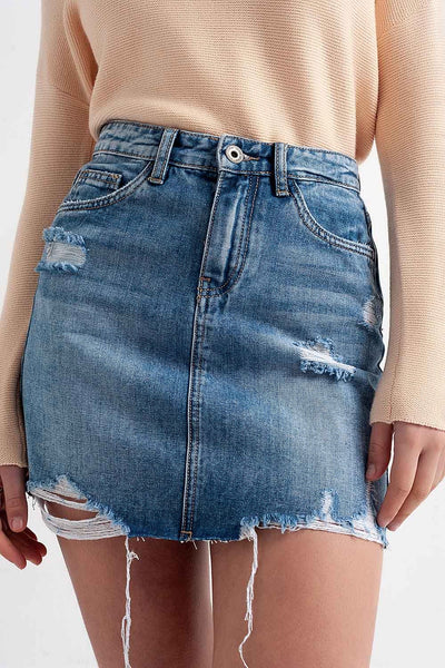 Distressed hem denim mini skirt