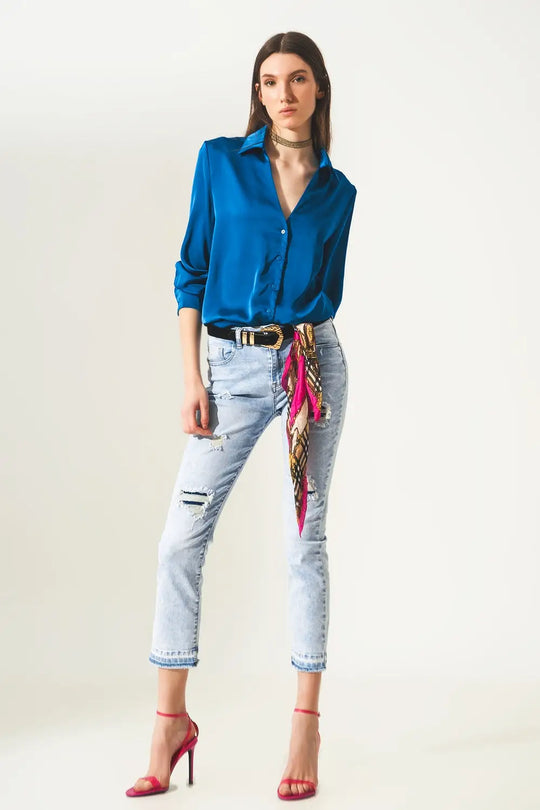 Distressed straight jeans with hem detail in blue - Jeans