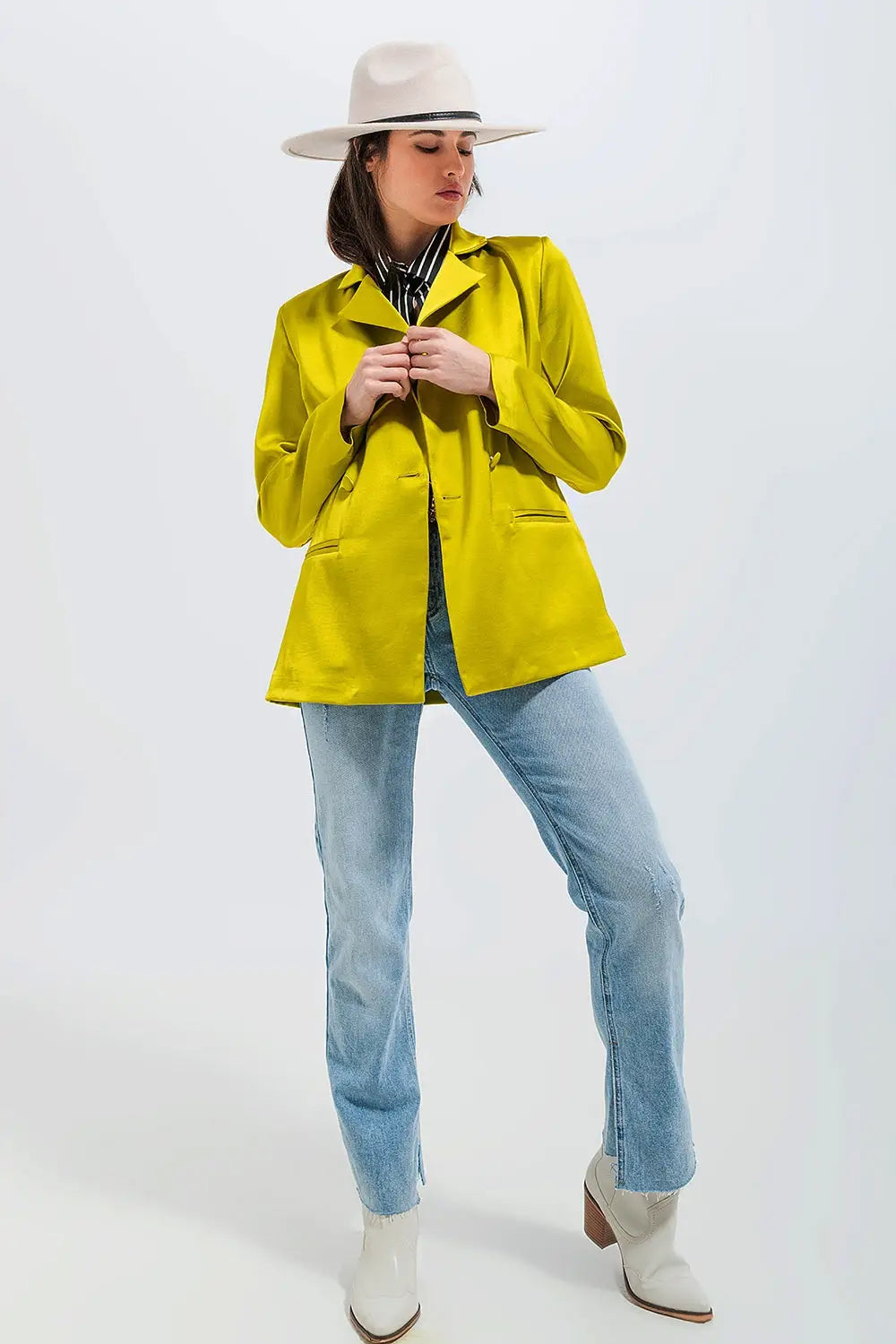 Double breasted satin blazer in lime green - Coats and Jackets