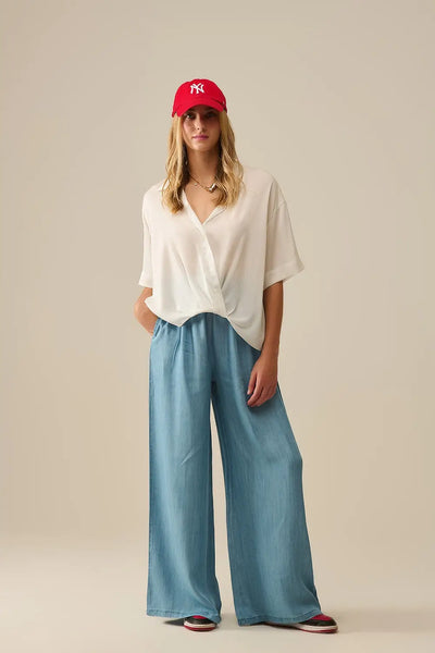 Draped Short Sleeve Blouse in White - Shirts