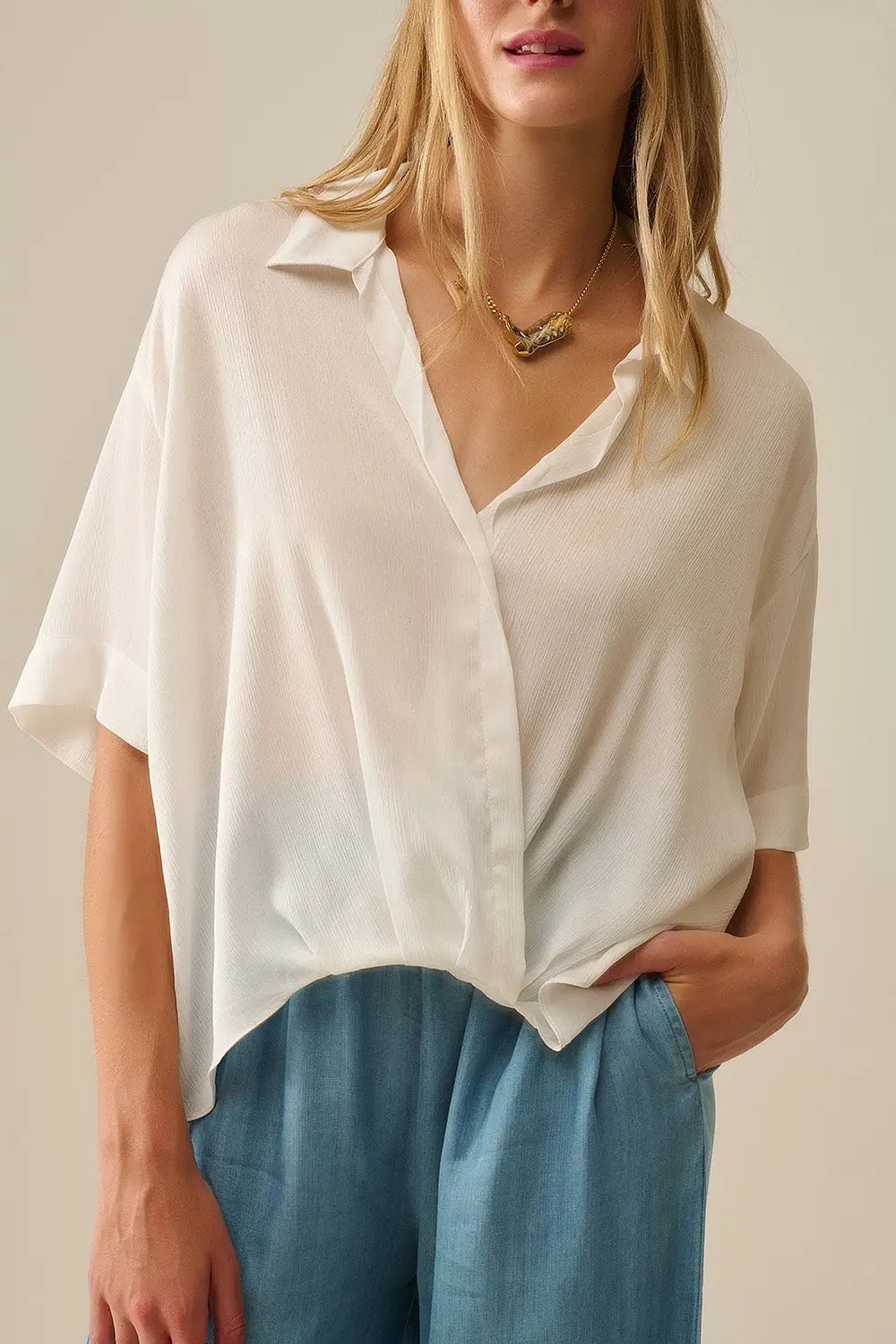 Draped Short Sleeve Blouse in White - Shirts