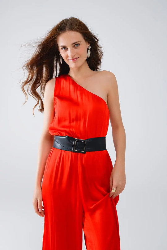 Drapped One Shoulder Jumpsuit With Cinched Waist In Red - Dresses