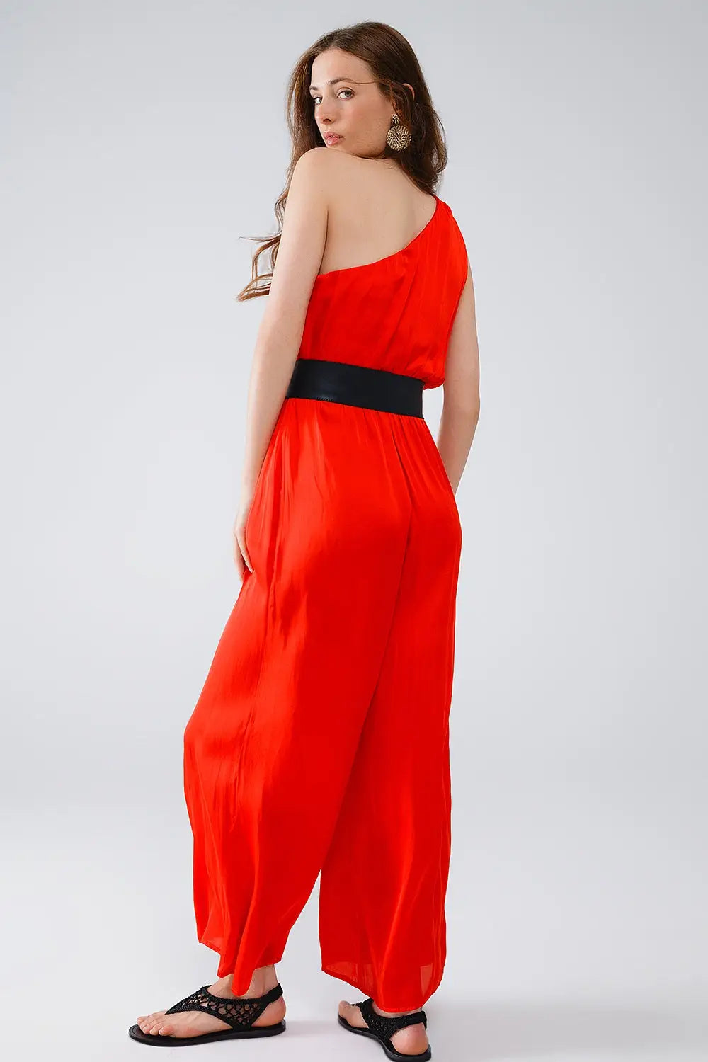 Drapped One Shoulder Jumpsuit With Cinched Waist In Red - Dresses