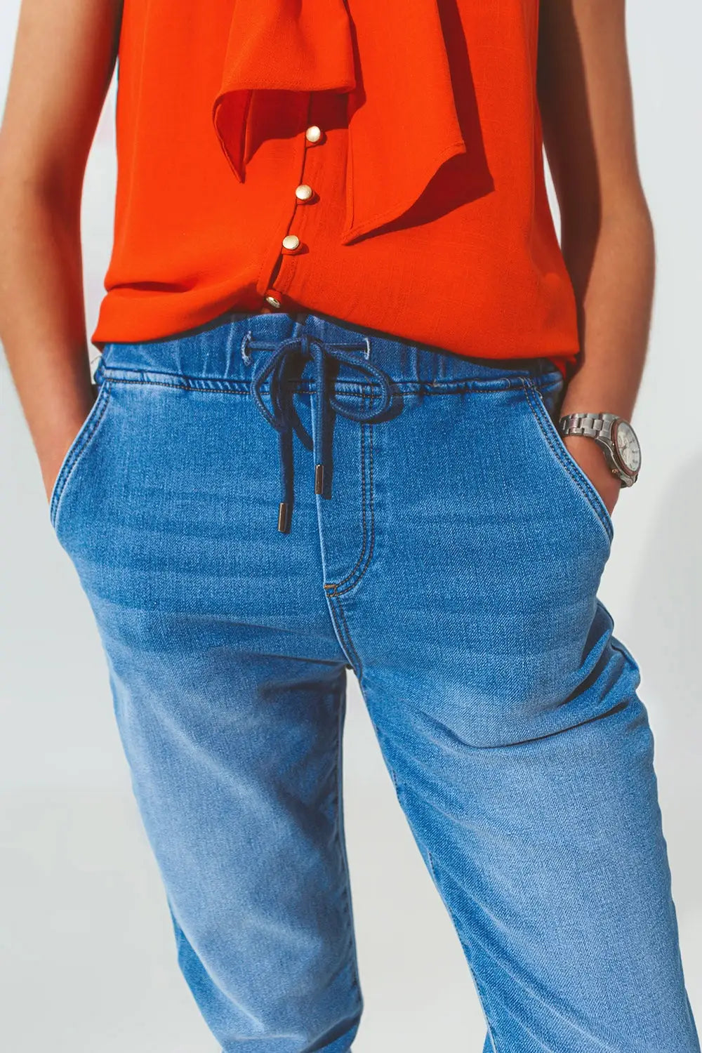 Drawstring Waist Jogger Jeans - Jeans