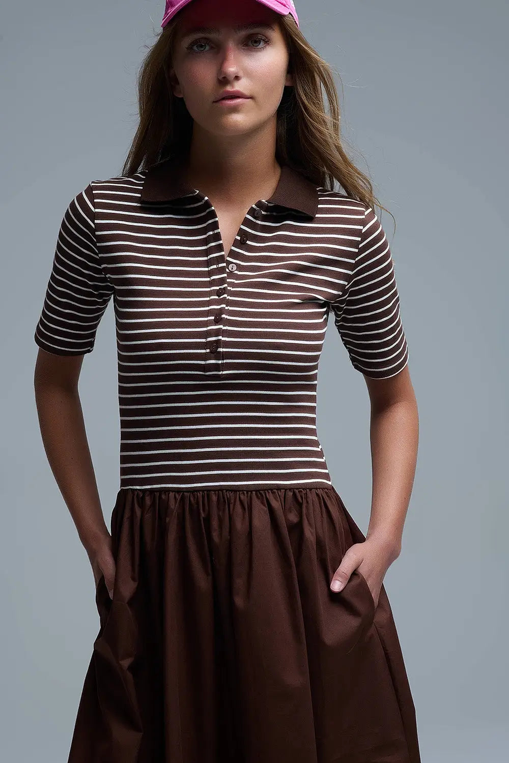 Dress With Polo Striped Top and Poplin midi Skirt in Brown - Dresses