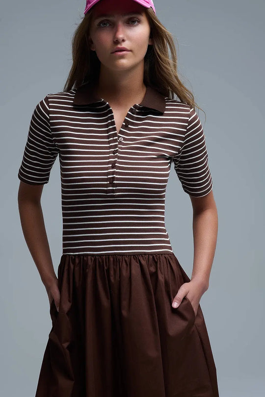 Dress With Polo Striped Top and Poplin midi Skirt in Brown - Dresses