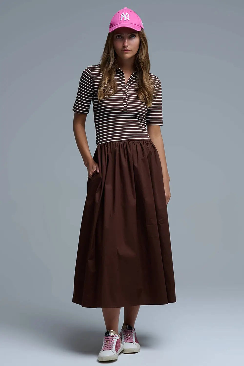 Dress With Polo Striped Top and Poplin midi Skirt in Brown - Dresses