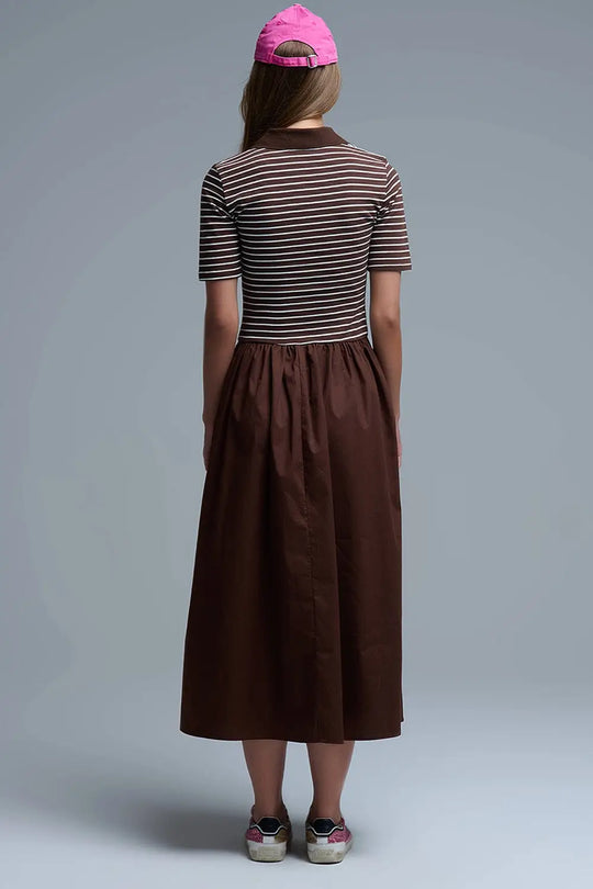 Dress With Polo Striped Top and Poplin midi Skirt in Brown - Dresses