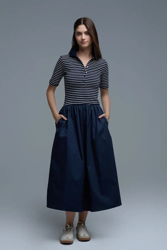 Q2 Dress With Polo Striped Top and Poplin midi Skirt in Navy