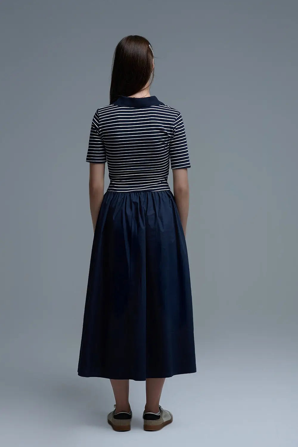 Dress With Polo Striped Top and Poplin midi Skirt in Navy - Dresses