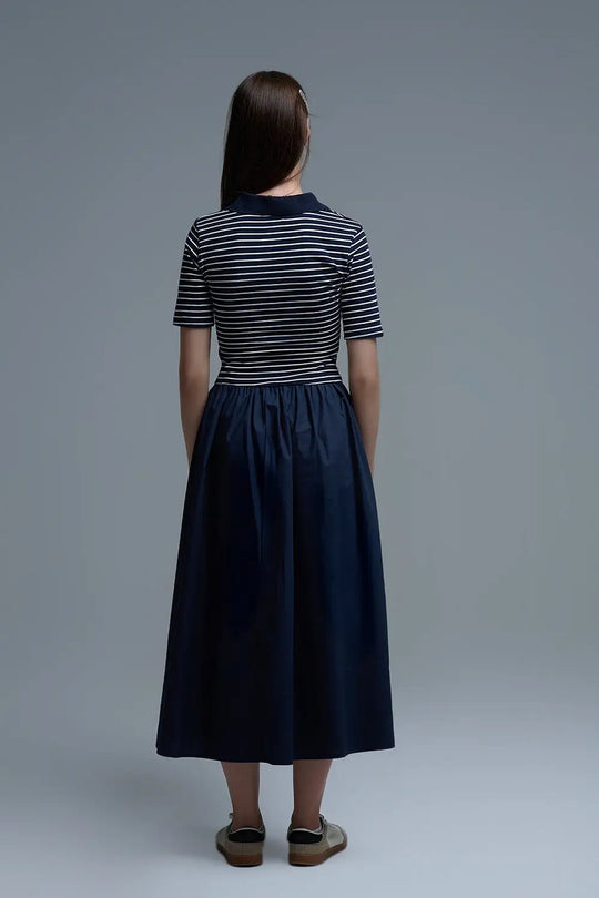 Dress With Polo Striped Top and Poplin midi Skirt in Navy - Dresses