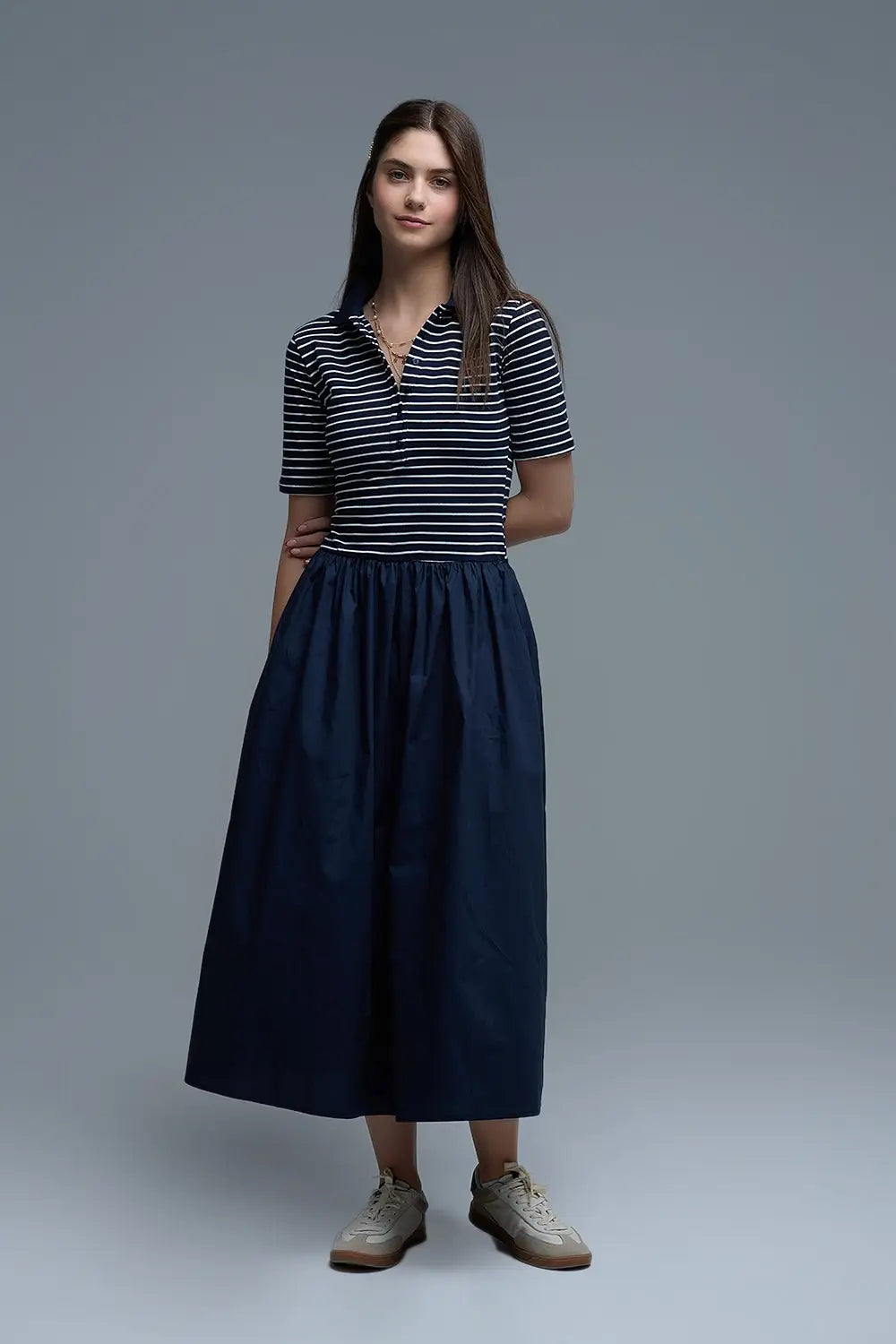 Dress With Polo Striped Top and Poplin midi Skirt in Navy - Dresses