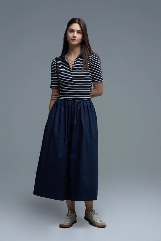 Dress With Polo Striped Top and Poplin midi Skirt in Navy - Dresses