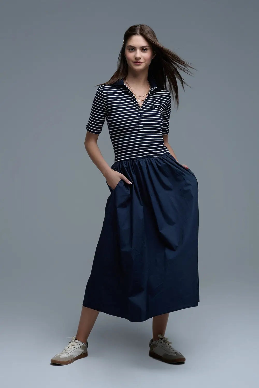 Dress With Polo Striped Top and Poplin midi Skirt in Navy - Dresses
