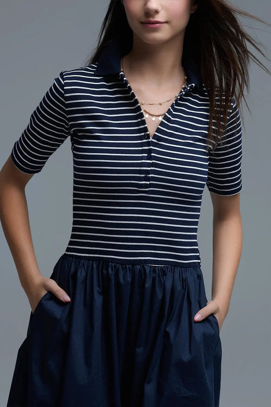 Dress With Polo Striped Top and Poplin midi Skirt in Navy - Dresses