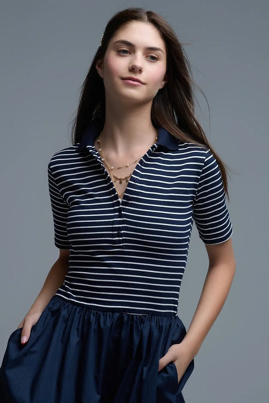 Dress With Polo Striped Top and Poplin midi Skirt in Navy - Dresses