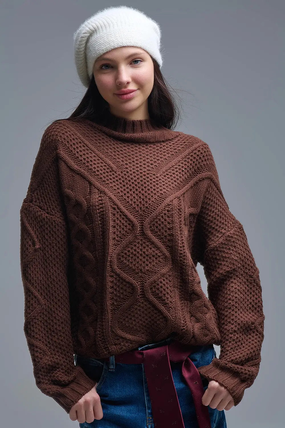 Q2 Dropped Shoulder Chunky Cable Knit Brown Pullover