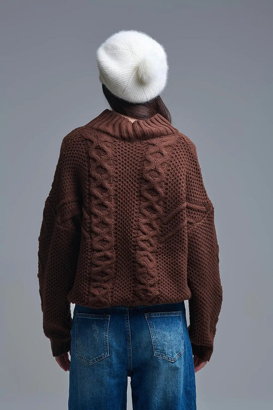 Dropped Shoulder Chunky Cable Knit Brown Pullover - One Size / Brown - Sweaters