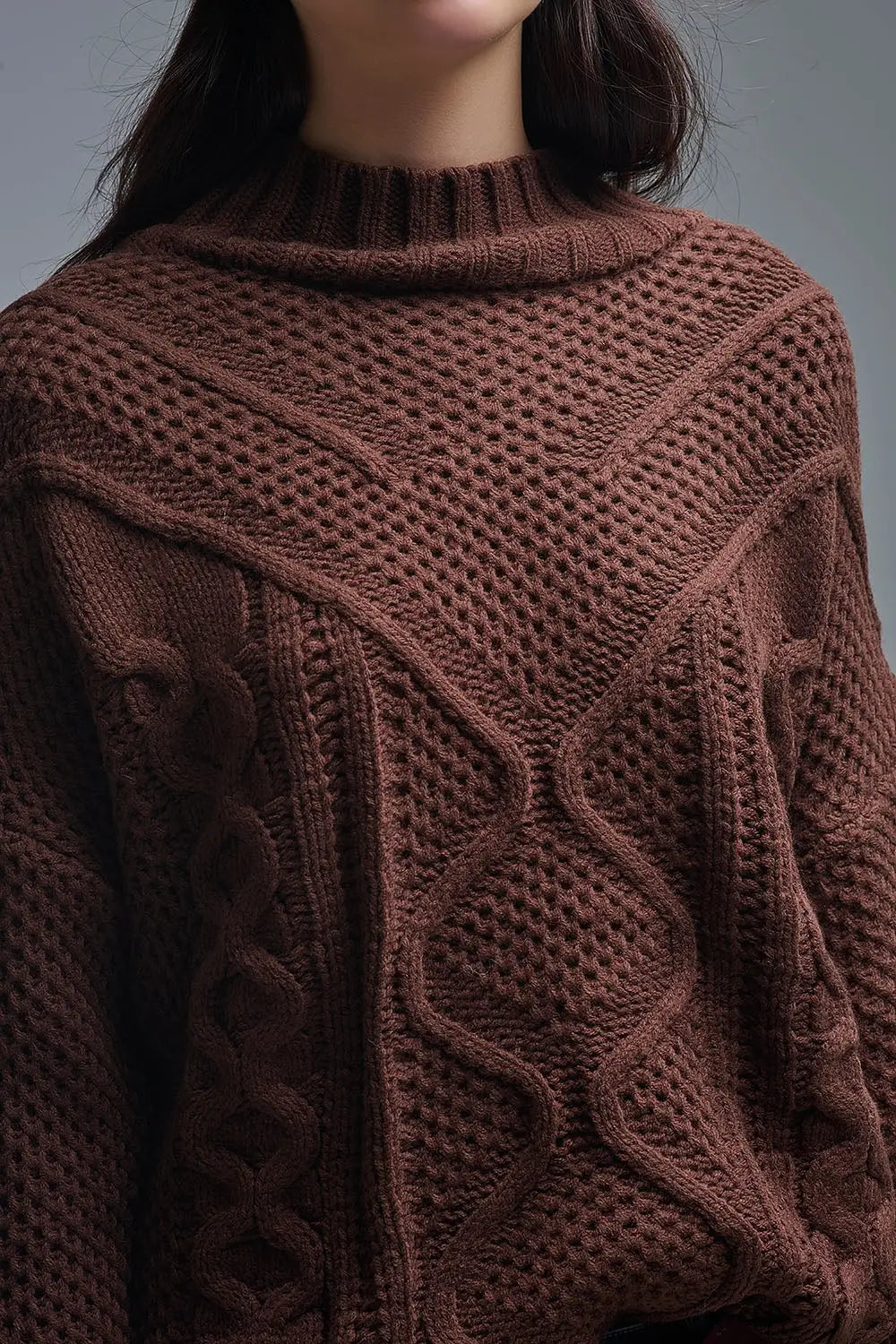 Dropped Shoulder Chunky Cable Knit Brown Pullover - One Size / Brown - Sweaters