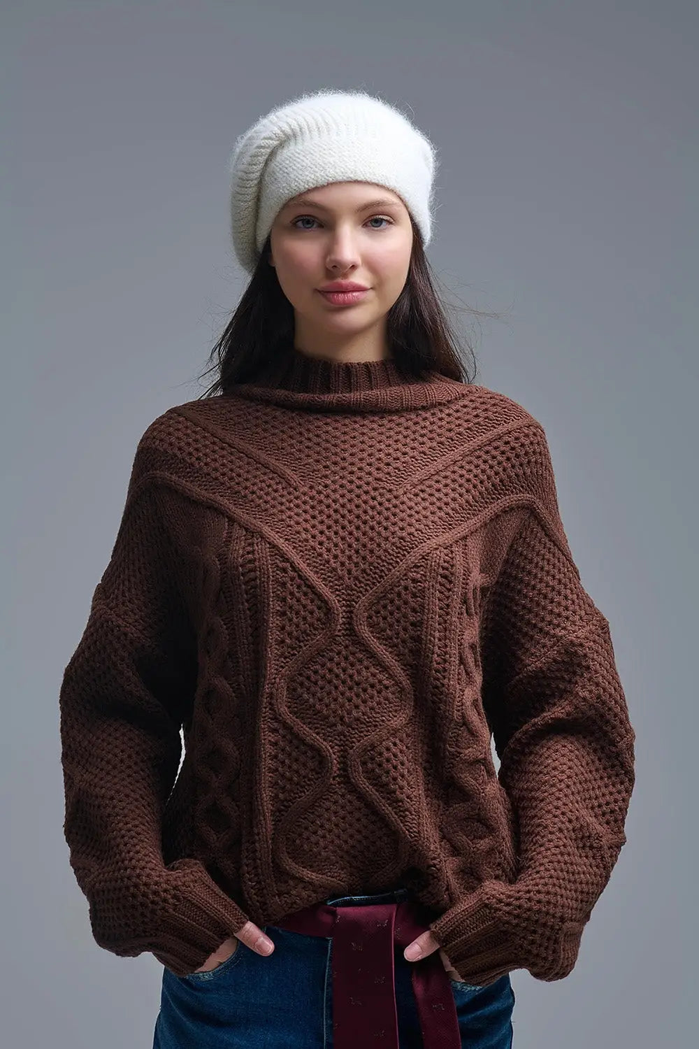Dropped Shoulder Chunky Cable Knit Brown Pullover - One Size / Brown - Sweaters
