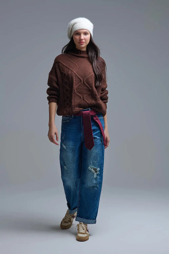 Dropped Shoulder Chunky Cable Knit Brown Pullover - One Size / Brown - Sweaters