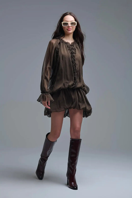 Q2 Dropped Waist Romantic Chiffon Brown Dress