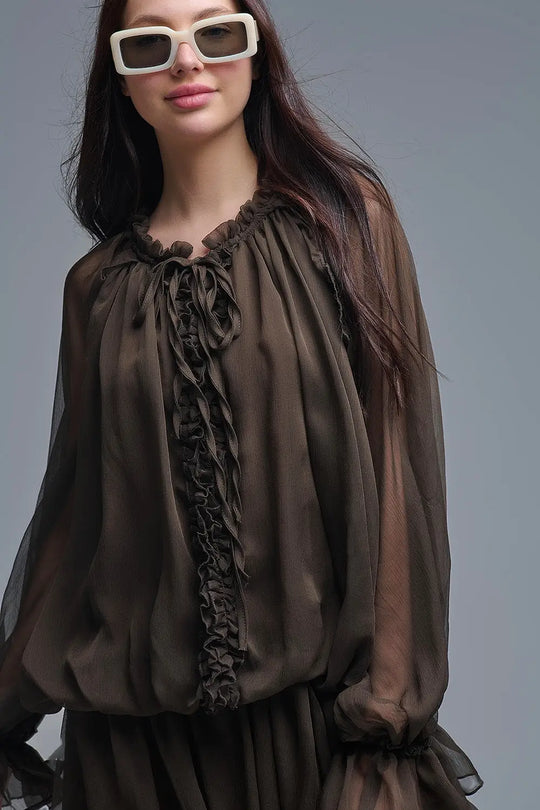Dropped Waist Romantic Chiffon Brown Dress - One Size / Brown - Dresses