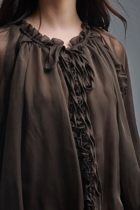 Dropped Waist Romantic Chiffon Brown Dress - One Size / Brown - Dresses