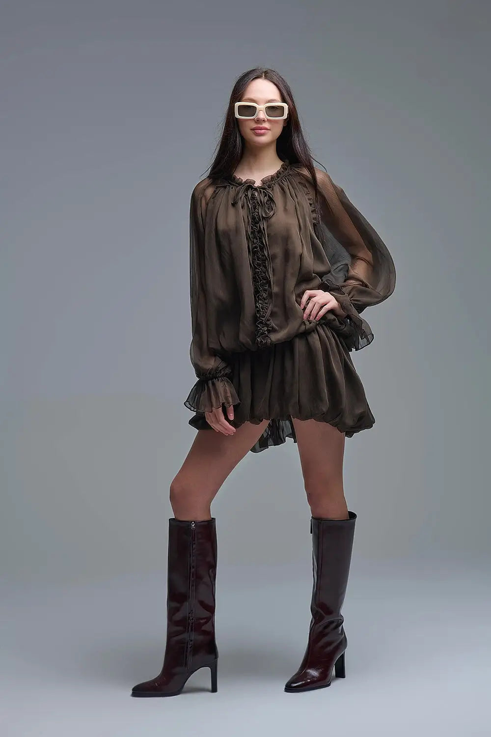 Dropped Waist Romantic Chiffon Brown Dress - One Size / Brown - Dresses