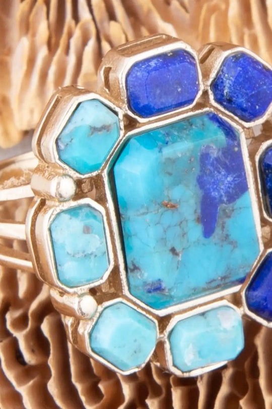 Duality Blue Lapis and Turquoise Golden Statement Ring - Rings