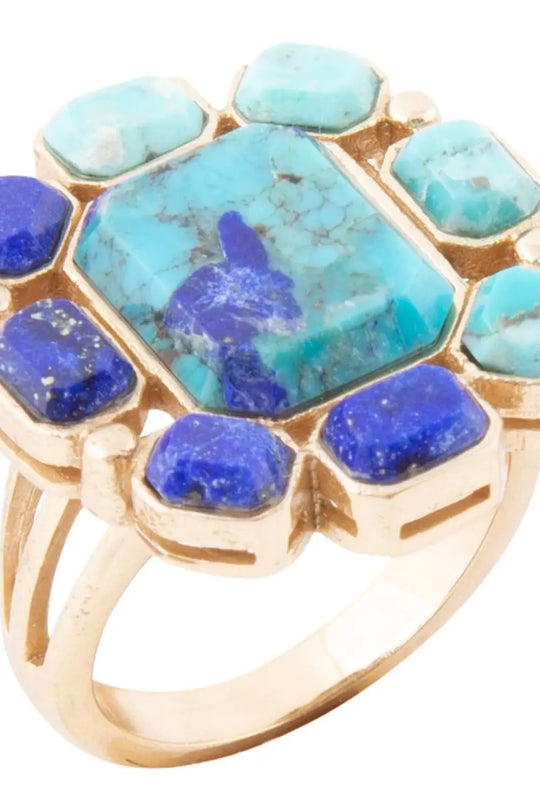 Duality Blue Lapis and Turquoise Golden Statement Ring - Rings
